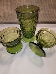 Vintage Avocado Green Cubist Sherbet Bowls and Iced Tea Glass