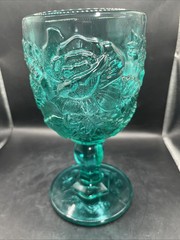 Fenton Madonna Inn Wild Rose Goblet Teal Aqua Goblet 6.5” L. E. Smith