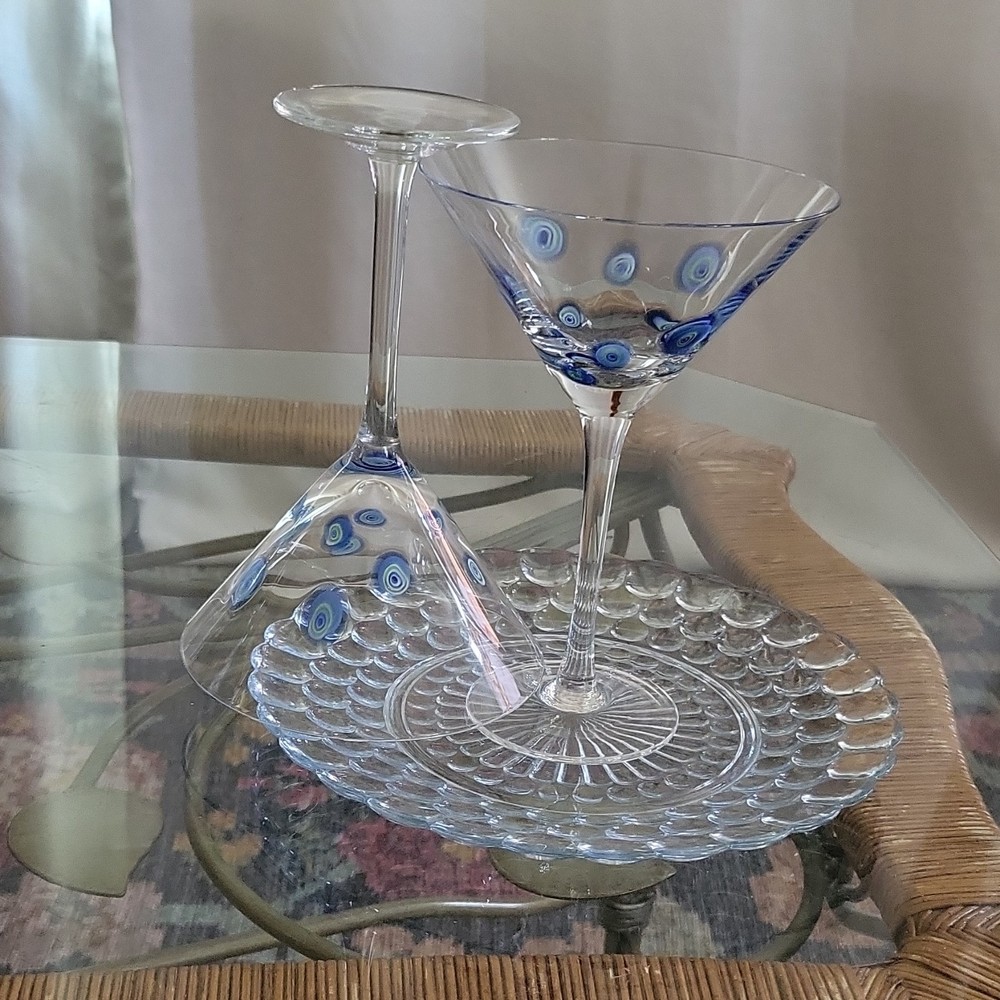 Vintage Milleflori Italy Designer Stephen Kramer Blue Swirl Dot Martini Glasses