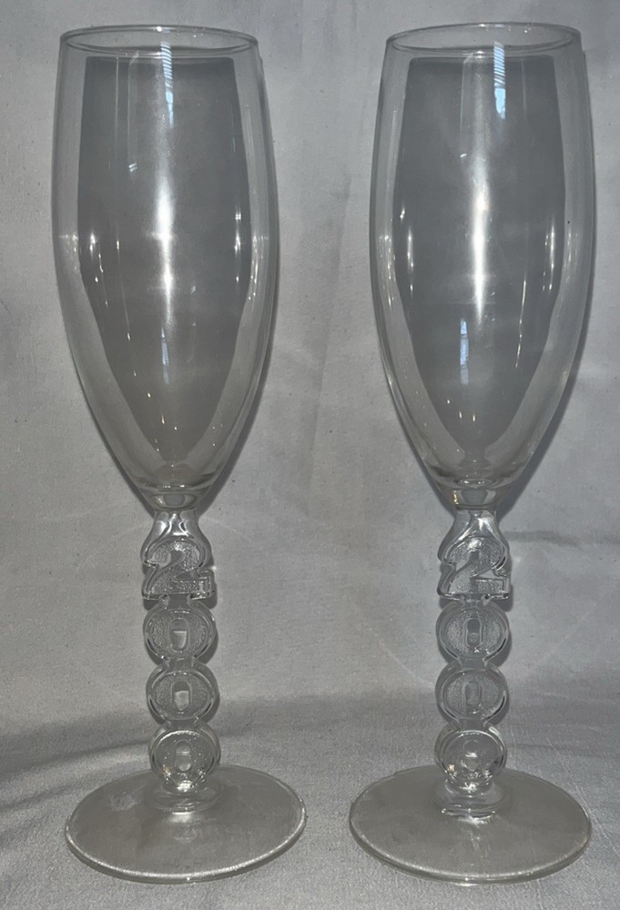 Y2K Millennium Champagne Flutes 2000 Commemorative Figural Stem Pair (2) Vintage