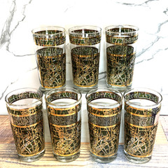 (7) Vtg Culver High Ball Glasses Regiment 22k Gold & Green Crackle Barware MCM