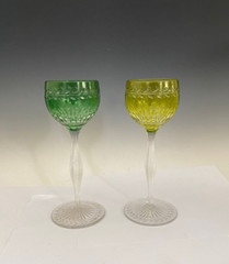 Pair of Yellow and Green Cut to Clear Hock Wine Glasses
