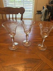 Vintage Set of 3, 7 3/8″ Etched Stemware – Simple Flower Design