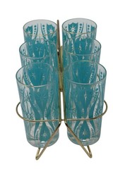 MCM Atomic Starburst Blue Teal Turquoise Highball Glasses with Original Carrier