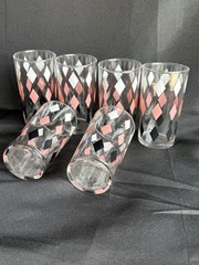 Set/6 Mid Century Libby Harlequin Tumblers Black/White/Pink Diamonds