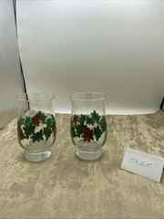 2 Vintage Libbey Christmas Tumbler Glasses Holiday Holly And Berry With Gold Rim