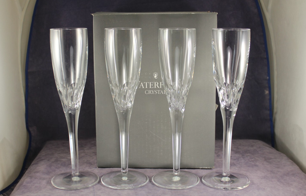 Waterford Cut Crystal Elberon Set of Four 9¼ Champagne Flutes w Orig Box Ireland