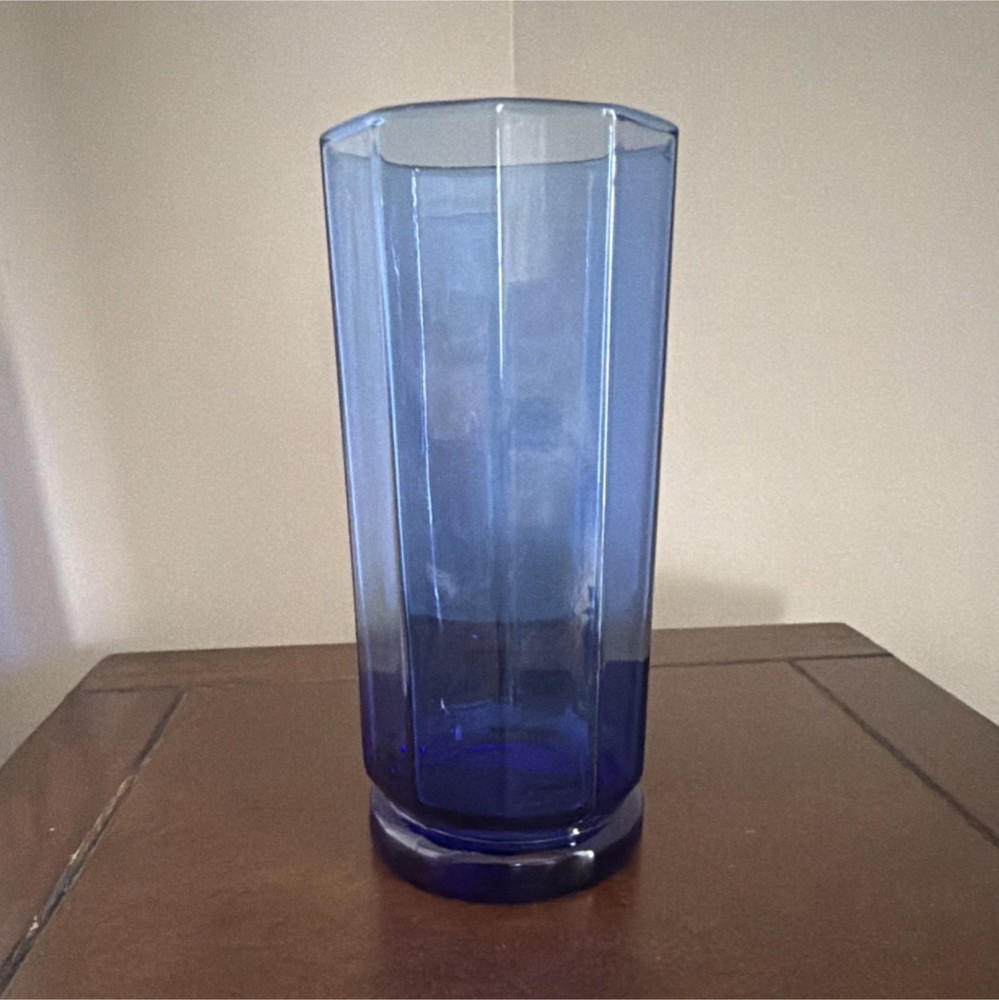 Blue Geometric Octagon Faceted Glass Tumbler Drinking Glass, Unmarked