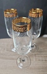 Set Of 3~ VTG Cellini Champagn Glasses Italy Etched Crystal 24k Gold Rim C9N1