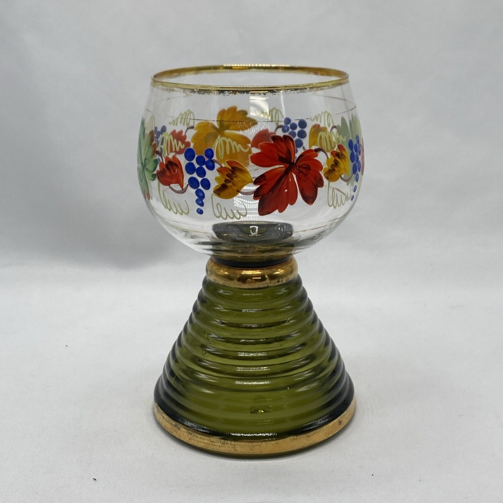 Vintage Wine Glass Hand Painted Green Ribbed Stem With Gold Trim