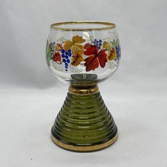 Vintage Wine Glass Hand Painted Green Ribbed Stem With Gold Trim