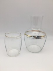 Vintage Tumble Up Carafe & Libbey Tumbler Bedside Water Clear Gold Glass Set 7″