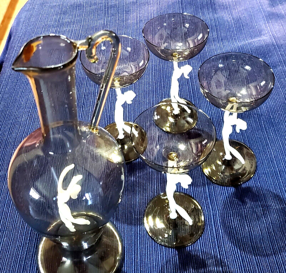 ART DECO SPEAKEASY Nudes F. Lampl Rare 1930’s Bimini Carafe 4 Martini Glasses