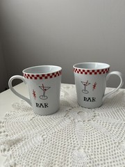 2 Whimsical Coffee Mugs Red Checkered Rim Top-Bar & Cocktails W/ Martini Glass