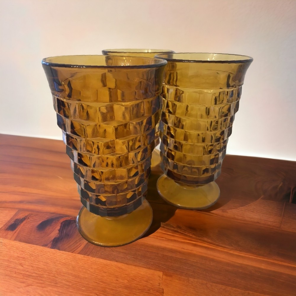 Vtg Whitehall Harvest Gold Colony Iced Tea Pedestal Glasses Footed 6″ (set of 3)