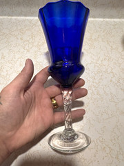 Vintage Cobalt Blue Wine Glass Goblet Clear Twisted Stem Art Glass Chalice