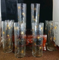 8 Libbey «Atomic Galaxy» Collins Glasses Metallic Gold Starburst