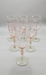 Vintage Weston Watermelon Uranium Glass Stemmed Goblets With Etched Flowers
