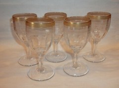 Set of 5 Vintage Etched Crystal Liquor Glasses Fleur de Lis Design 4 1/4”..NICE!