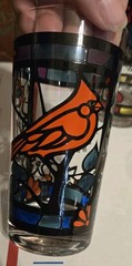 4 Vtg Glass Tumblers Stained Glass Bird Motif Blue Jay Cardinal Oriole Blackbird
