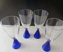 Set of 4 EON BLUE Sasaki Japan Glass COBALT Stem Base Clear Bowl Water Goblets