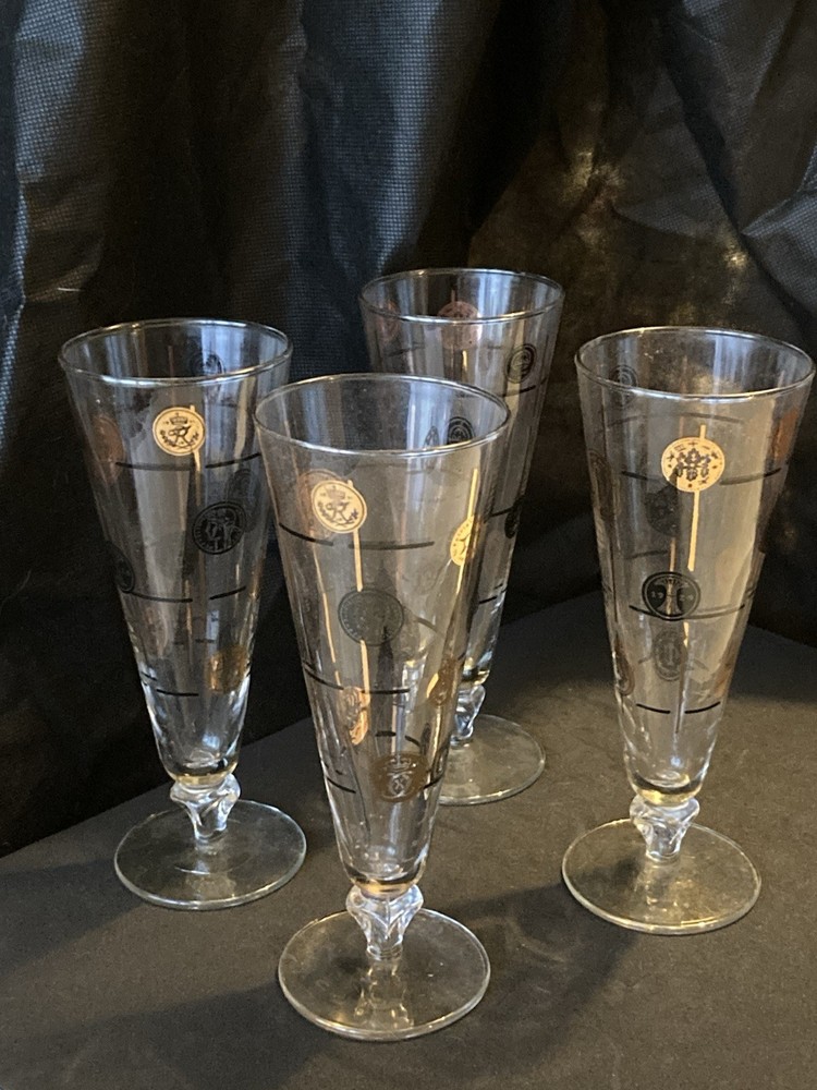 Set of 4 Clear Libbey Coin Pilsner Beer Glasses, Gold & Black MCM