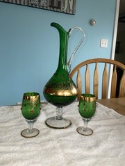 Vintage Rare emerald green And Gold glass decanter Set