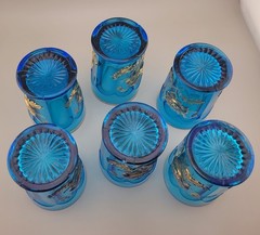6 Antique Vintage Northwood Glass Blue Oriental Poppy Gold Tumblers 4 1/4″ Tall