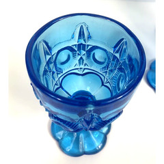 4 Vtg Kanawha Blue Bulls Eye & Daisy Water Wine Glass Goblet Cottage Whimsical