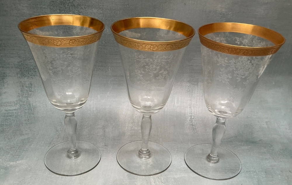 3 Morgantown PRISCILLA Water/Wine Glasses Gold Encrusted Rims 6 5/8”