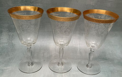 3 Morgantown PRISCILLA Water/Wine Glasses Gold Encrusted Rims 6 5/8”