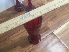 RARE htf red paneled flutes 8» set of 7 Duratuff? Hocking? red glass Xmass
