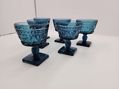 Vtg MCM Indiana Glass Aqua Blue Park Lane Colony Footed Sherbet Glasses 6pc 4.4″