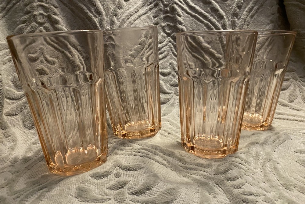 IKEA Vintage Set of 4 Pokal Clear Pink Nine Paneled Tumblers/Drinking Glasses 5”