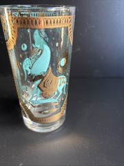 (4) Fred Press Signed Turquoise Trojan Horse Highball Gold Gilded Glasses MCM