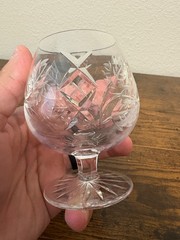 SET(3) VTG Crystal Floral & Criss Cross Etched Brandy Glass 3 7/8″H