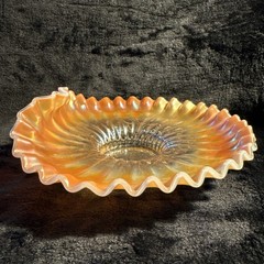 Dugan Marigold Peach Opalescent Carnival Glass Floral Bowl Ruffled Edged