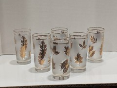 6 Mid-Century Libbey Gold Leaf Embossed Mostly Frosted Tumbler Glass 5 1/4″