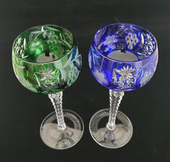 (2) AJKA CRYSTAL MARSALA WINE GLASSES COBALT BLUE & GREEN 8.25″