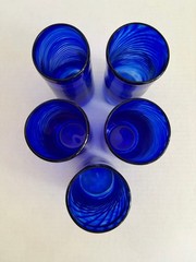 Set of 5 Ron Hinkle Hand Blown Blue Swirl Art Glass Tumblers SIGNED