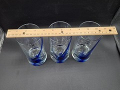 Set of 3 Libbey Blue Swirl Ribbon Dimpled Impressions Tumbler Glasses 16 oz.