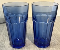 2 Libbey Heavy Cobalt Blue Large 7″ Glass Tumblers 17oz 8 Panel Drinking Glasses