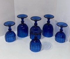 Cobalt Blue Bevel Goblets 3 Large 3 Small Diamond Cut Knob Stem Beveled To Base