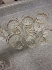 Lot Of 8 Federal Glass Ice Tea Or Drinking Glasses White and Gold Fruit