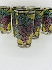MCM HAND MADE WV GLASS WESTON Vintage Grapes Stained Glass SET OF 7 glasses 5.5”