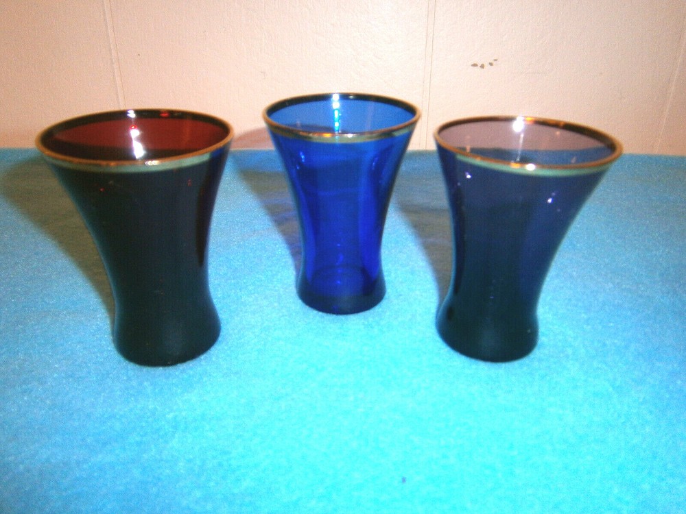 Vintage 3″ Wine/Shot Glasses, Ruby Red, Amethyst and Blue w/Gold Trim