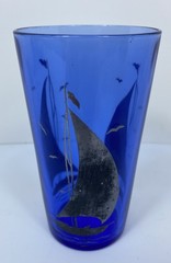 Vintage Hazel Atlas Tumbler Cobalt Blue Sailboat Seagulls Glasses 4 7/8″