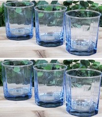 Set 6 Anchor Hocking REFLECTIONS BLUE Optic 10 Panel Rocks Whiskey Glasses EUC