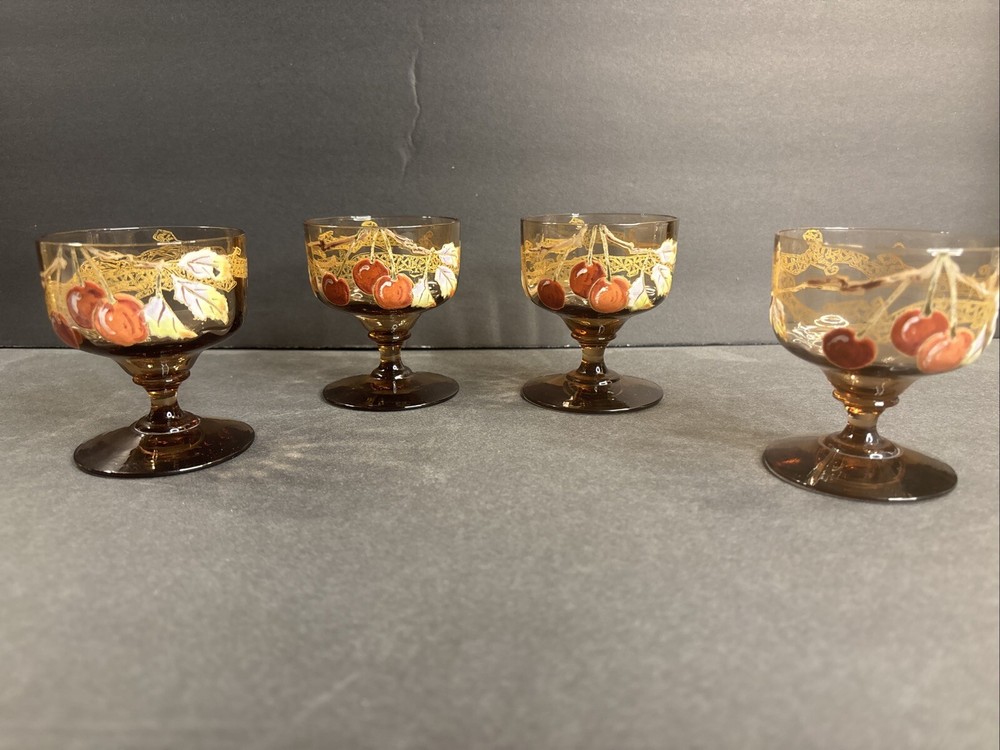 4 Antique Enamel Glass Cup/Wine Stem/Enamel/Moser/Bohemina C1920/Goblet/Red/Gold