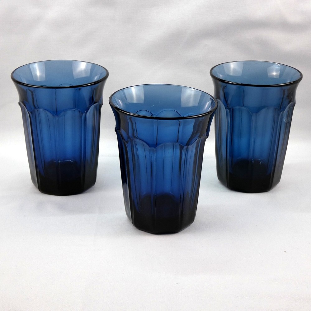 Noritake Provincial Colonial Blue Glass 10 oz Paneled Flared Tumblers Lot of 3